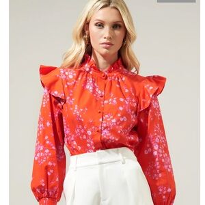 Sugarlips Chic Red Floral Blouse with Ruffle Accents NWT